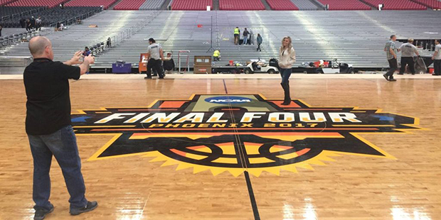 The floor for next weekend's NCAA men's college basketball tournament Final Four is laid in place F...
