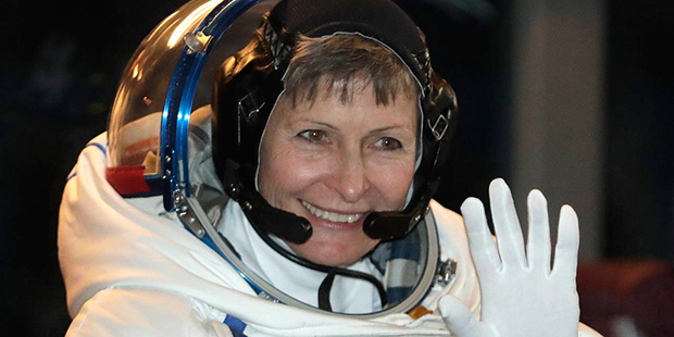FILE - In this Nov. 17, 2016 file-pool photo, U.S. astronaut Peggy Whitson, member of the main crew...