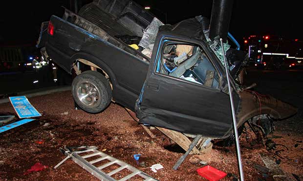 This Wednesday May 10, 2017 provided by the Kingman Police Department shows the remains of a pickup...