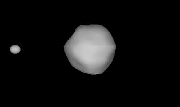 Simulated image of the Didymos system, derived from photometric lightcurve and radar data. The prim...