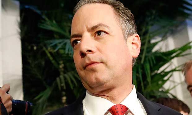 White House Chief of Staff Reince Priebus, right, departs after a Republican caucus meeting on Capi...