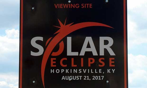 This June 7, 2017 photo shows a sign showcasing a upcoming solar eclipse in Hopkinsville, Ky.  For ...