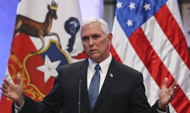 In this Aug. 16, 2017 photo, Vice President Mike Pence takes part in a joint statement with the Chi...