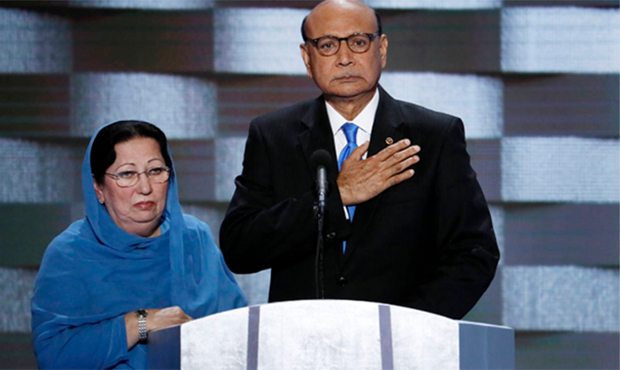 Khizr Khan, father of fallen US Army Capt. Humayun S. M. Khan and his wife Ghazala speak during the...