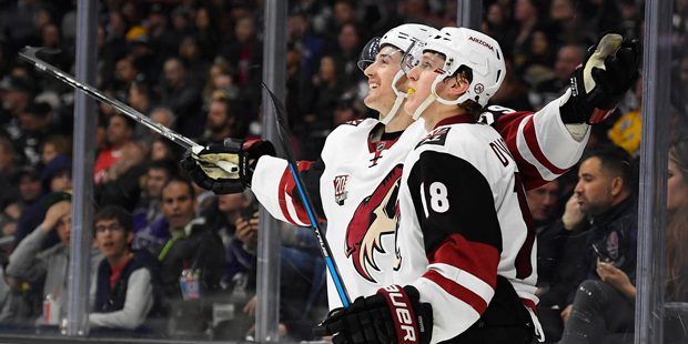 Arizona Coyotes left wing Brendan Perlini, of Great Britain, celebrates his goal with center Christ...