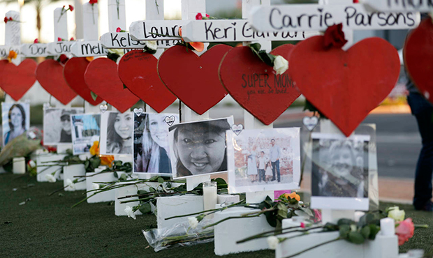 Crosses sit in honor of those killed during the mass shooting Friday, Oct. 6, 2017, in Las Vegas. A...