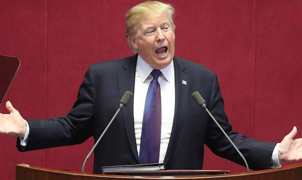 U.S. President Donald Trump delivers a speech at the National Assembly in Seoul, South Korea, Wedne...