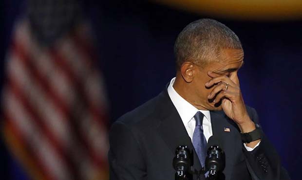 President Barack Obama wipes away tears as he speaks at McCormick Place in Chicago on Jan. 10, 2017...