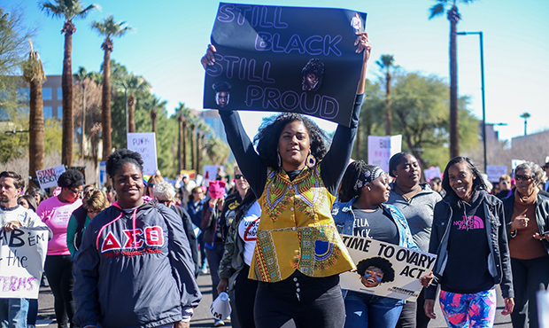 More than 22,000 people marched at the Arizona State Capitol for the Women's March to the Polls, jo...