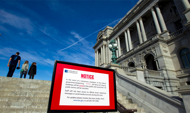 Library of Congress post a sign letting people know is closed due the shut down of the government o...