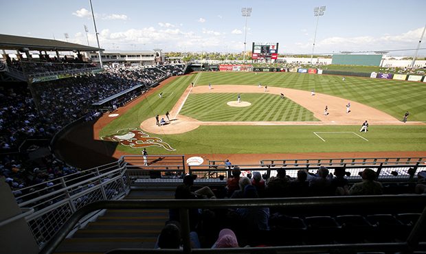 Surprise stadium during a spring training baseball game between the Kansas City Royals and Chicago ...