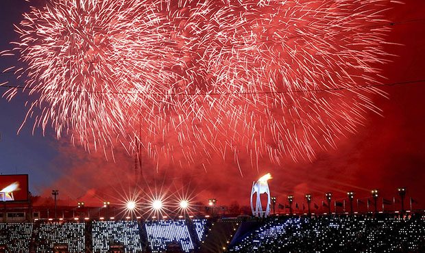 Fireworks detonate after the Olympic flame was lit during the opening ceremony of the 2018 Winter O...