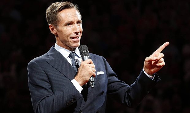Two-time NBA most valuable player Steve Nash is introduced into the Suns Ring of Fire at halftime o...