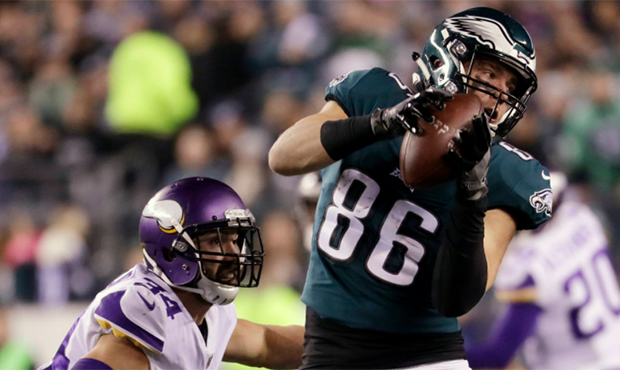 FILE - In this Sunday, Jan. 21, 2018, file photo Philadelphia Eagles' Zach Ertz catches a pass in f...