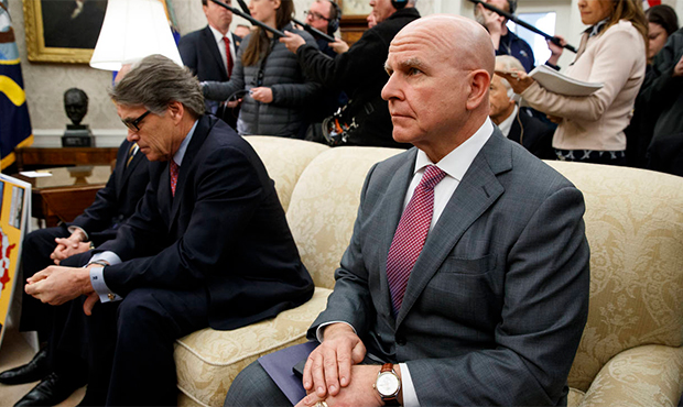 National Security Adviser H.R. McMaster, right, sits with Energy Secretary Rick Perry during a meet...