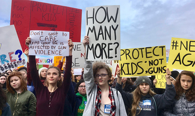 FILE- This March 14, 2018 file photos shows students at Roosevelt High School taking part in a prot...