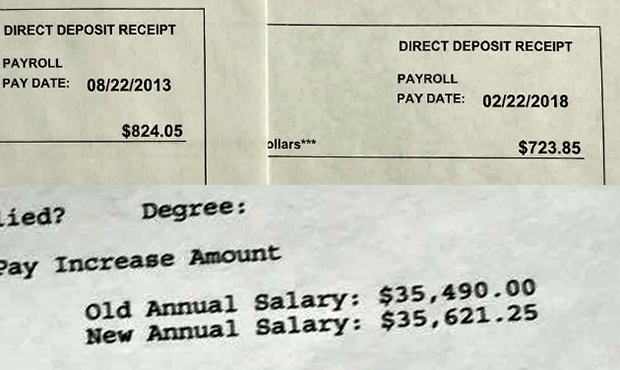 The paystubs of Arizona teachers Elisabeth Milich (bottom) and Philip Brown. (Courtesy photos)...