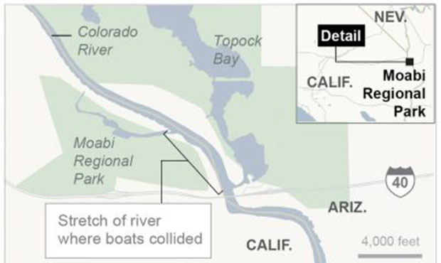 Map locates where boats collided on Colorado River....