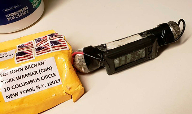 This image obtained Wednesday, Oct. 24, 2018, and provided by ABC News shows a package addressed to...