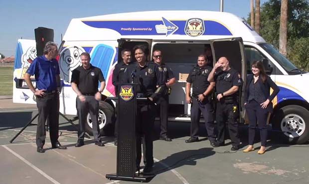 Phoenix Police Chief Jeri Williams introduces the police department's new ice cream truck. (Faceboo...