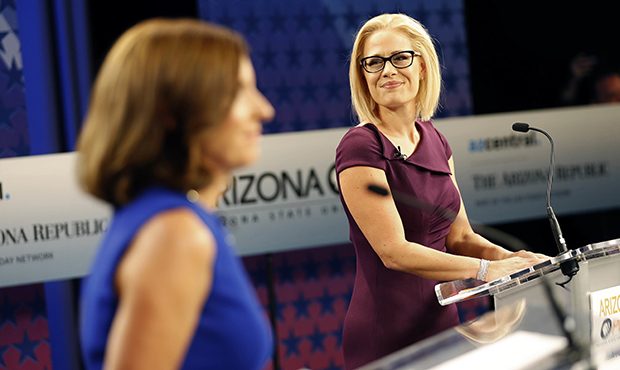 U.S. Senate candidates, U.S. Rep. Martha McSally, R-Ariz., left, and U.S. Rep. Kyrsten Sinema, D-Ar...