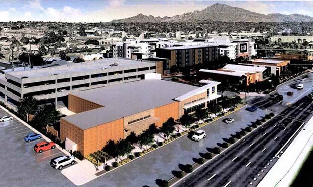 A rendering of the Papago Plaza renovation proposal from the southeast corner of the site on Scotts...