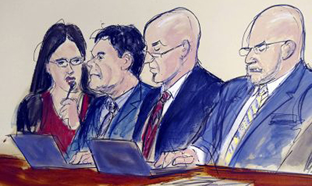 In this courtroom drawing, defendant Joaquin "El Chapo" Guzman, second from left, listens to the ju...