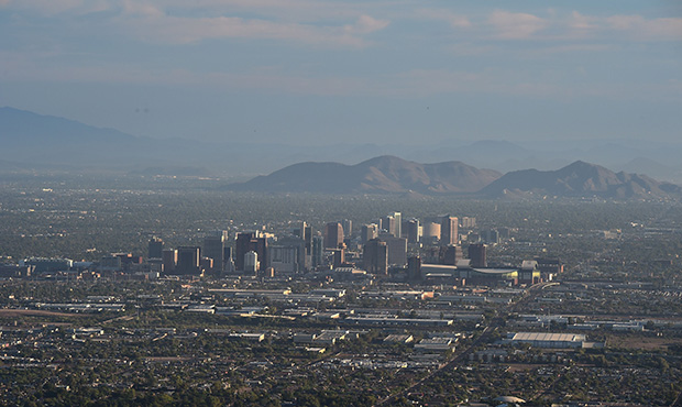 View of the downtown Phoenix, Arizona city skyline as seen from South Mountain Park,(Photo by Robyn...