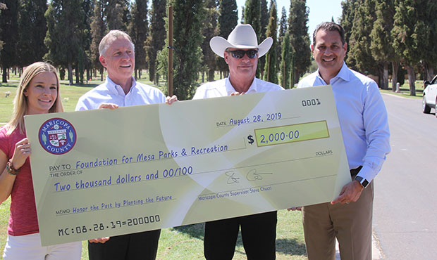 Left to right: Parks Foundation Secretary Becky Robson, Mayor John Giles, Vice Mayor Mark Freeman, ...