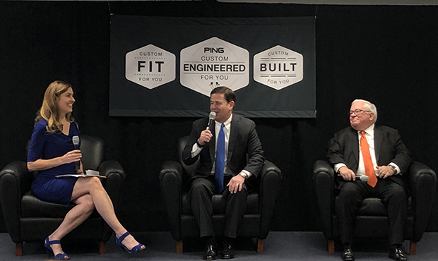 Dawn Grove hosts Arizona Gov. Doug Ducey, center, and Tom Gilman, assistant secretary for administr...
