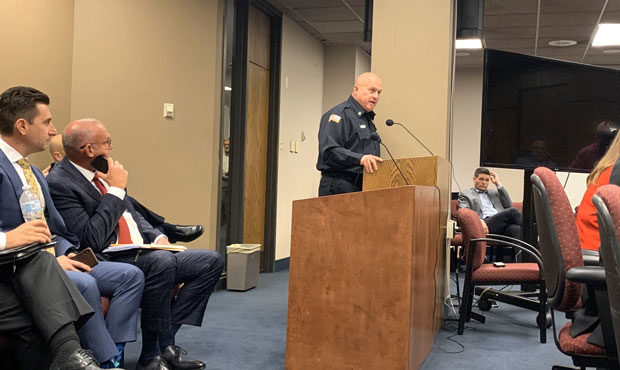 Glendale Fire Capt. Kevin Thompson addresses an ad hoc state Senate committee dealing with cancer a...