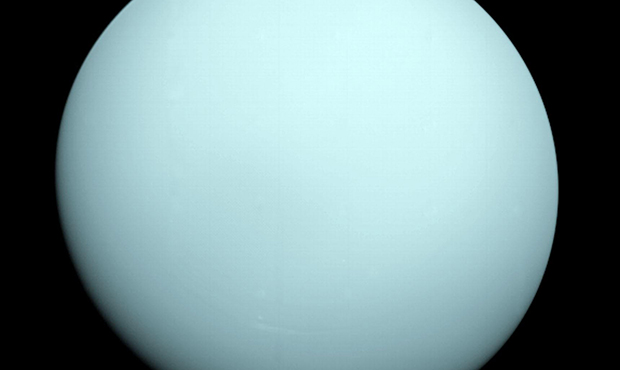 This is an image of the planet Uranus taken by the spacecraft Voyager 2 on Jan. 14, 1986 from a dis...