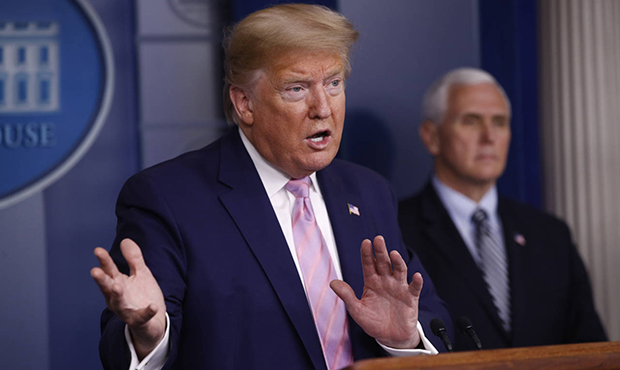 President Donald Trump speaks during a coronavirus task force briefing at the White House, Saturday...