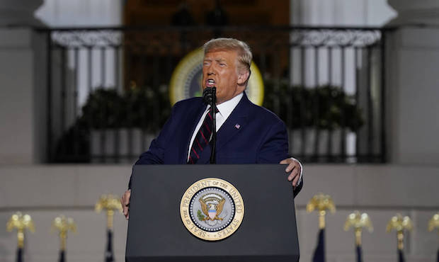 President Donald Trump speaks from the South Lawn of the White House on the fourth day of the Repub...