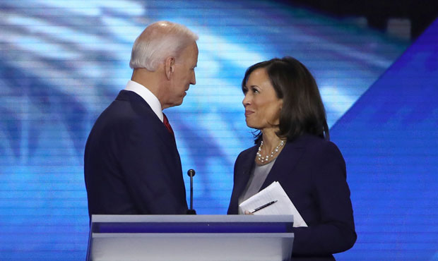 Democratic presidential candidates former Vice President Joe Biden and Sen. Kamala Harris (D-CA) sp...