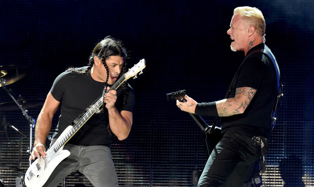 Robert Trujillo (L) and James Hetfield of Metallica perform at the Rose Bowl on July 29, 2017, in P...