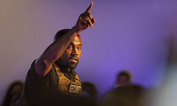 FILE - In this July 19, 2020, file photo, Kanye West makes his first presidential campaign appearan...