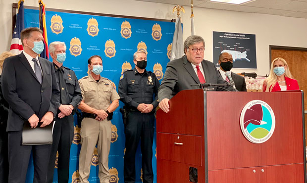 U.S. Attorney General William Barr speaks during a press conference at the Phoenix division offices...