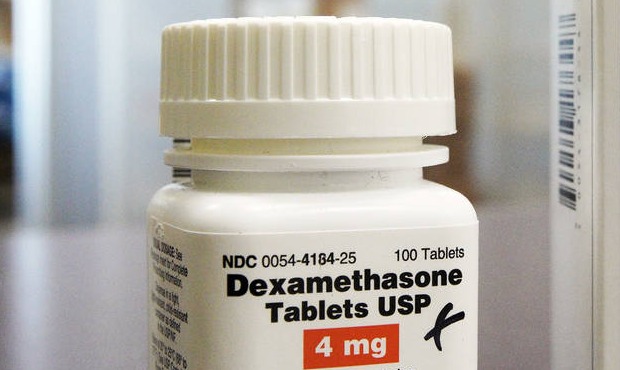 FILE - This Tuesday, June 16, 2020 file photo shows a bottle and box for dexamethasone in a pharmac...