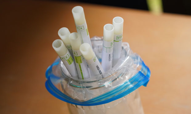 A jar holds tubes containing throat swab samples from people seeking a test for Covid-19 infection ...