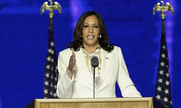 Vice President-elect Kamala Harris speaks, Saturday, Nov. 7, 2020, in Wilmington, Del. (AP Photo/An...