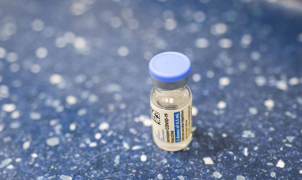 A vial with the Johnson & Johnson's one-dose COVID-19 vaccine is seen at the Vaxmobile, at the Unio...