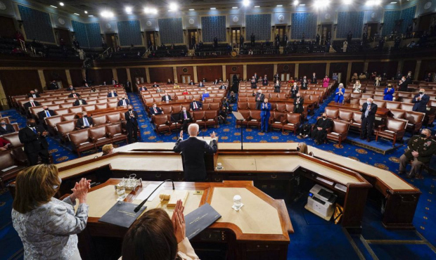 President Joe Biden addresses a joint session of Congress, Wednesday, April 28, 2021, in the House ...