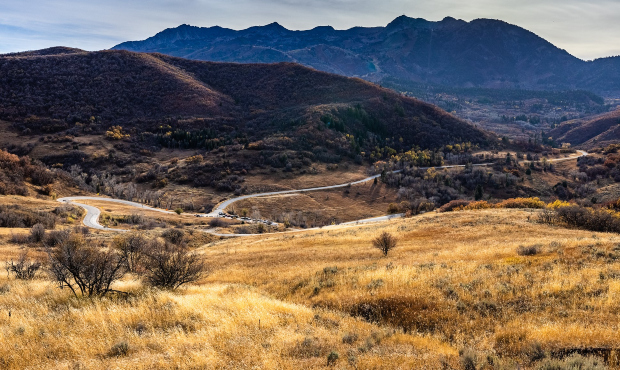 The view looking down on the Wheeler Creek drainage and the Old Snowbasin Road in Weber County, Uta...