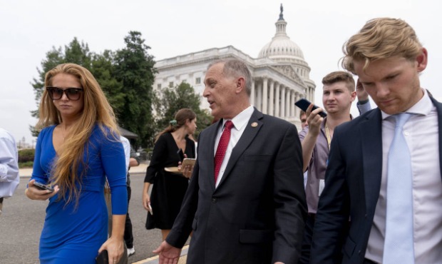 Rep. Andy Biggs, R-Ariz., Chairman of the House Freedom Caucus, leaves a news conference on Capitol...