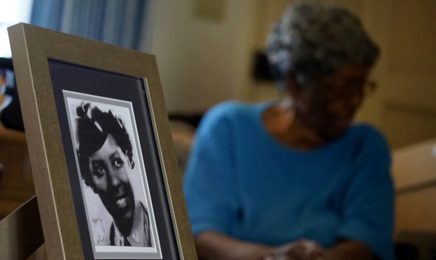 World War II veteran Maj. Fannie Griffin McClendon at her home shows an image of herself in during ...