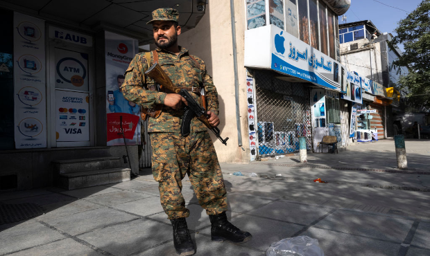 Kabul police secure areas in the central part of the city on August 13, 2021 in Kabul, Afghanistan....