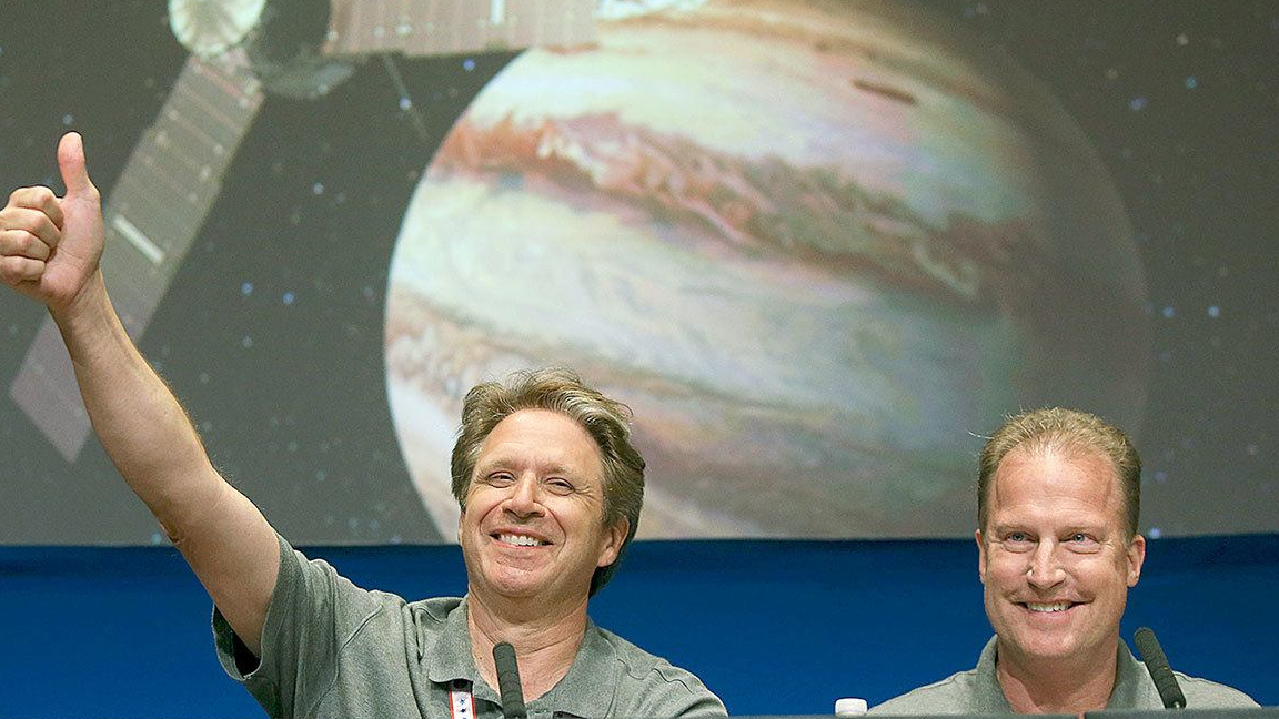 From left: Scott Bolton and Rick Nybakken during a briefing at NASA’s Jet Propulsion Laboratory i...