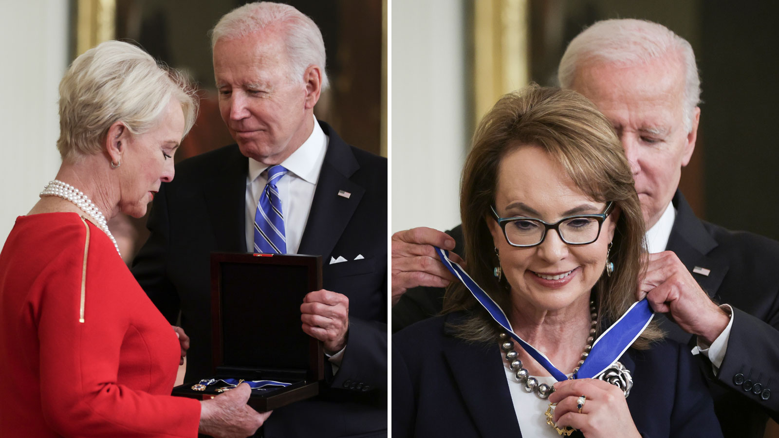President Joe Biden presents the Presidential Medal of Freedom to Cindy McCain, who accepted on beh...