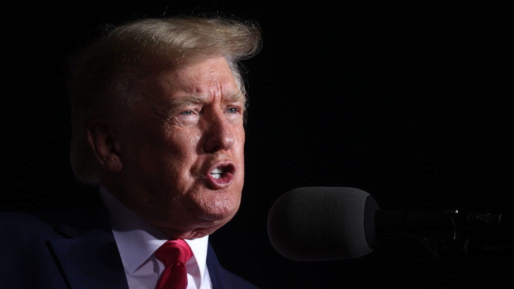 Former President Donald Trump speaks to supporters during a rally on August 05, 2022 in Waukesha, W...